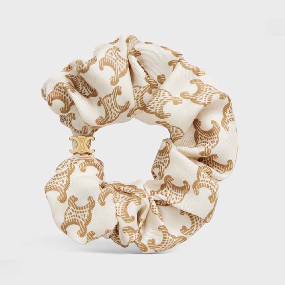 Celine Women Scrunchy Celine Triomphe Monogram Bracelet in Brass with Gold  Finish and White Silk