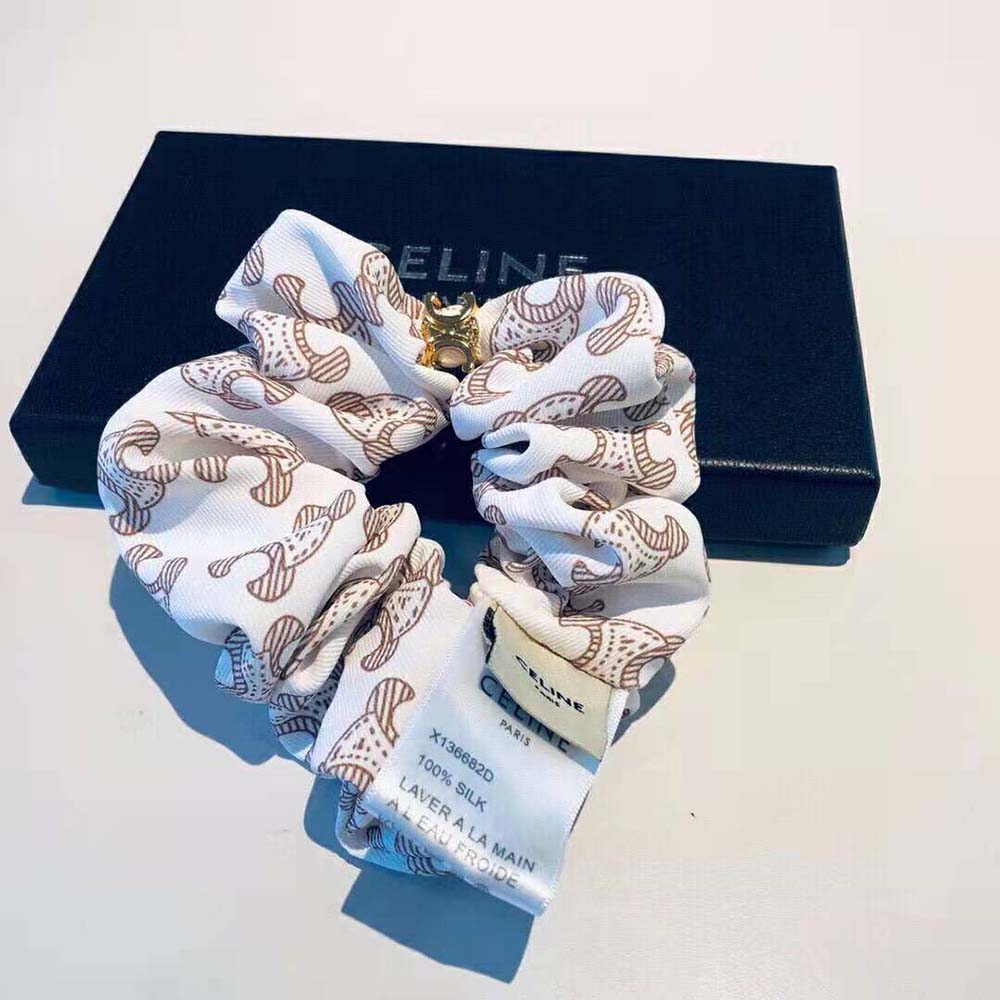 Celine Women Scrunchy Celine Triomphe Monogram Bracelet in Brass with Gold  Finish and White Silk