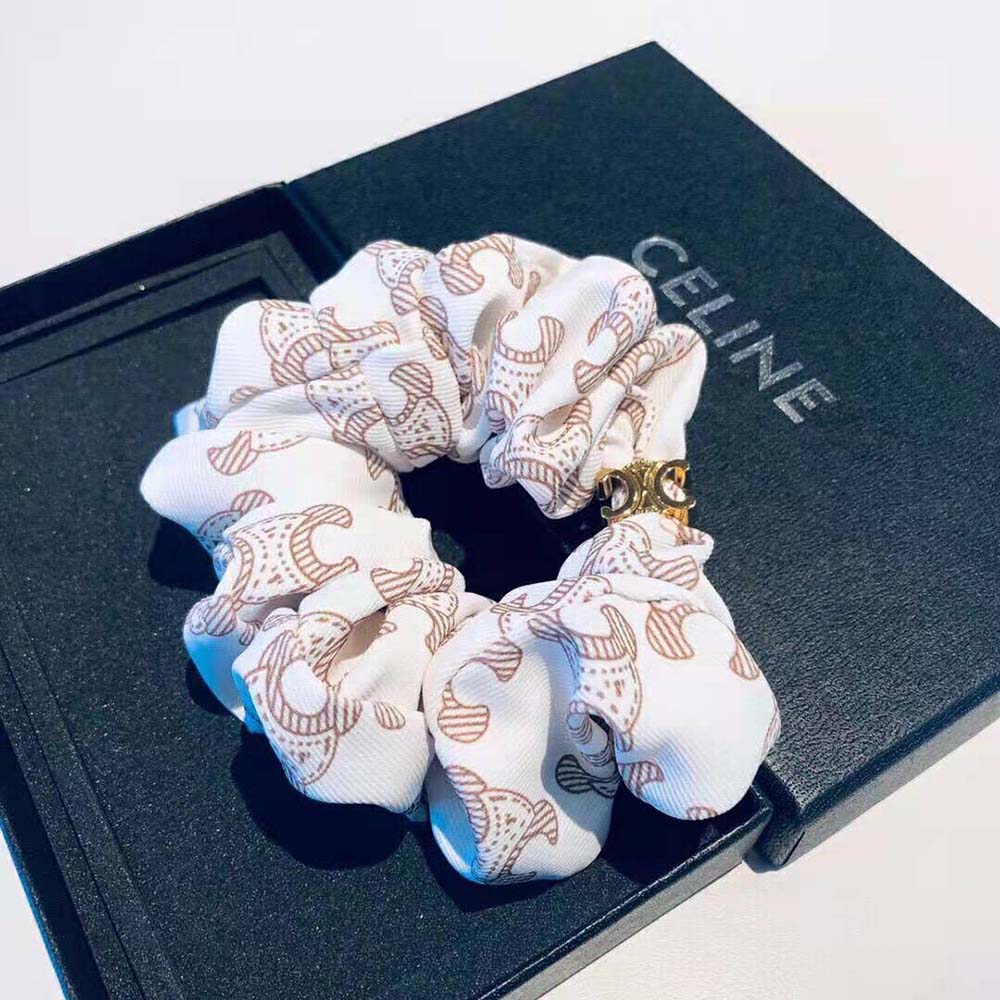 Celine Women Scrunchy Celine Triomphe Monogram Bracelet in Brass with Gold  Finish and White Silk