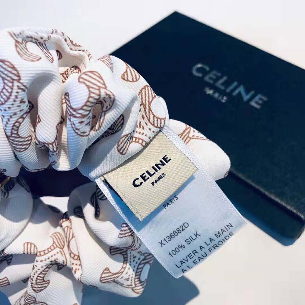 Celine Women Scrunchy Celine Triomphe Monogram Bracelet in Brass with Gold  Finish and White Silk