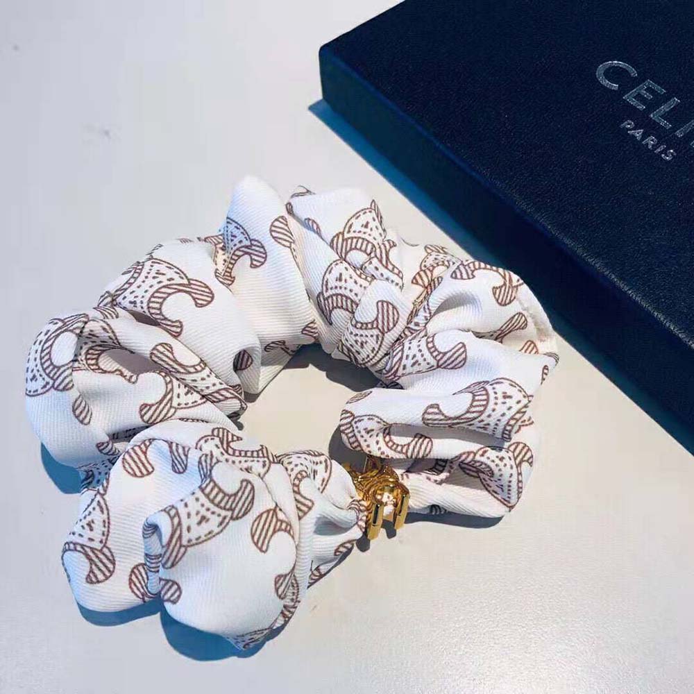 Celine Women Scrunchy Celine Triomphe Monogram Bracelet in Brass with Gold  Finish and White Silk