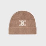 Celine Women Triomphe Embroidered Beanie in Seamless Cashmere-Sandy