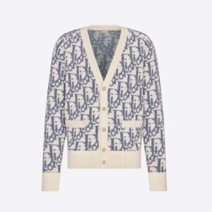 Dior Men Oblique Cardigan White Mauve and Sea Green Wool Jacquard