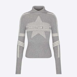 Dior Women Dioralps Stand-Collar Sweater Gray and White Three-Tone Dior Star Wool and Cashmere Knit