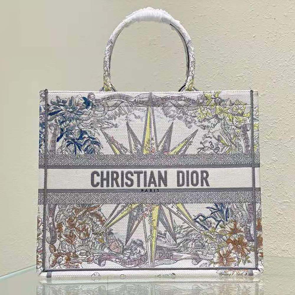 Dior Vertical Book Tote Lucky Star Embroidery White Multicolor for Women