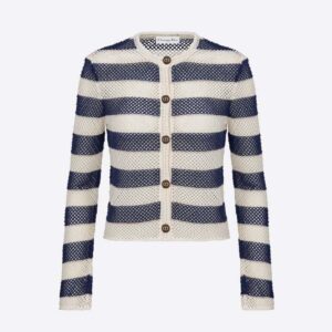 Dior Women Marinière Cardigan Navy Blue and White Openwork Cotton Knit