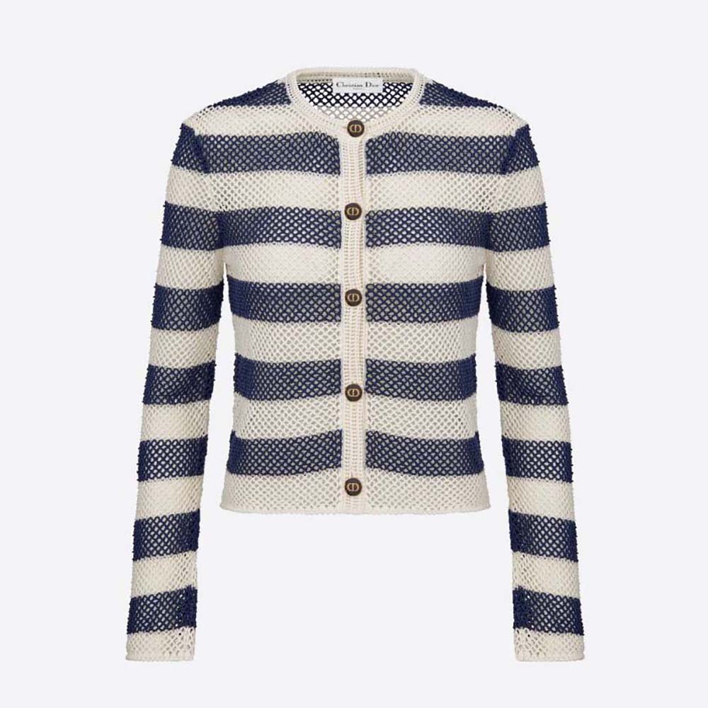 Dior Women Marinière Cardigan Navy Blue and White Openwork Cotton Knit