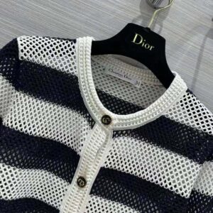 Dior Women Marinière Cardigan Navy Blue and White Openwork Cotton Knit