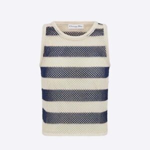 Dior Women Marinière Cardigan Top Navy Blue and White Openwork Cotton Knit