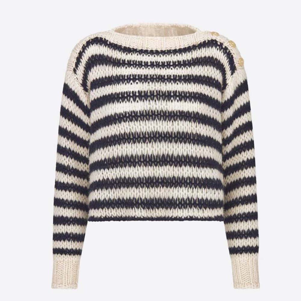 Dior Women Marinière Sweater Navy Blue and Ecru Wool Cashmere and Silk Knit with D-Stripes Motif 1 Dior Women Marinière Sweater Navy Blue and Ecru Wool Cashmere and Silk Knit with D-Stripes Motif