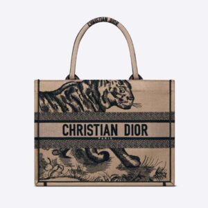 Dior Women Medium Dior Book Tote Brown and Black Macro Toile de Jouy Tiger Embroidery