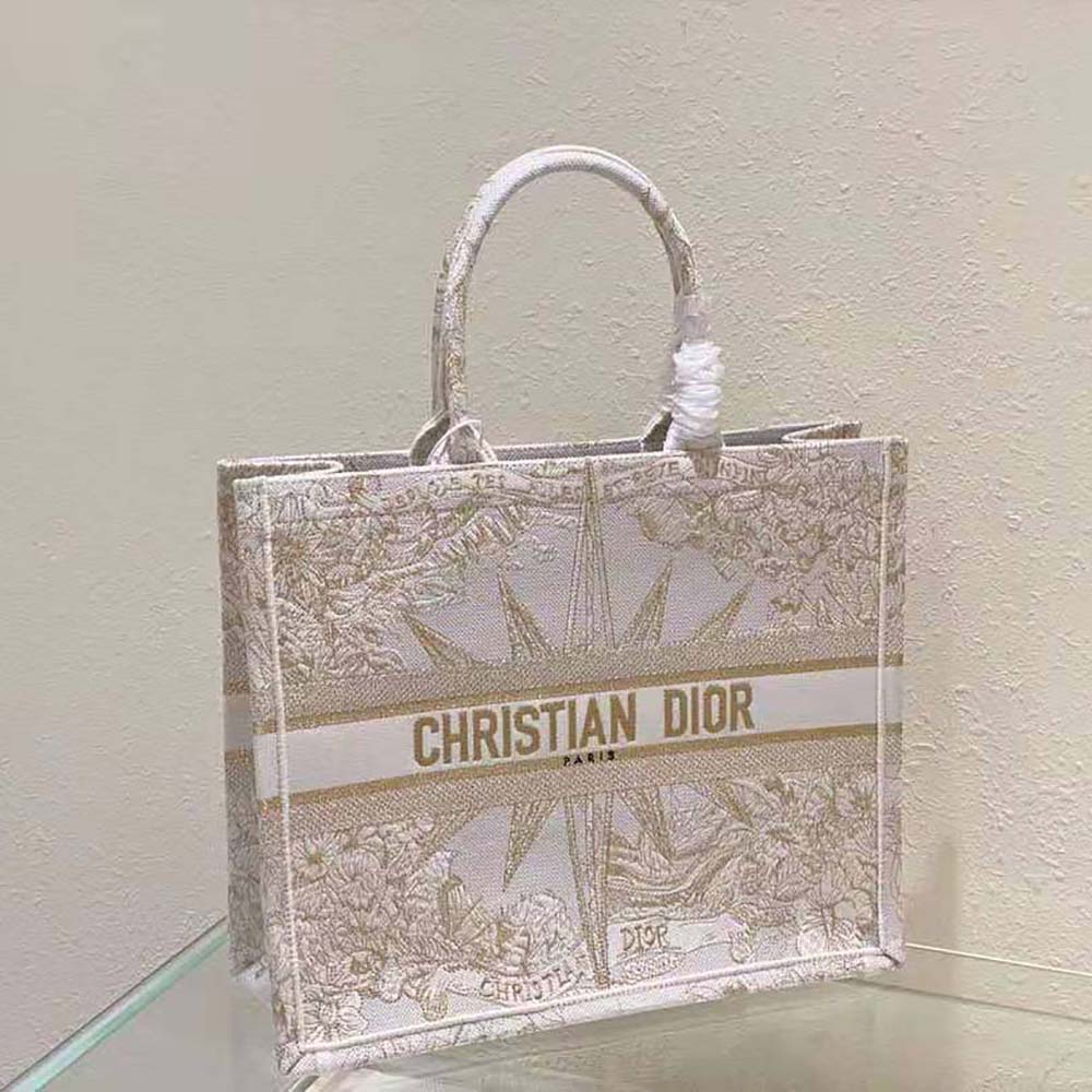 CHRISTIAN DIOR Canvas Embroidered Medium Rêve d'Infini Book Tote Gold  1311180