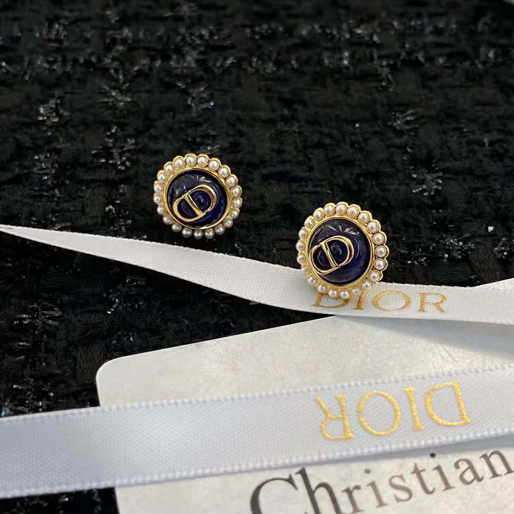 DIOR Petit Cd Stud Earrings Gold-finish Metal With White Resin Pearls And Latte Glass - Women