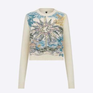 Dior Women Sweater Ecru Cashmere Knit with Multicolor Rêve D'Infini Motif