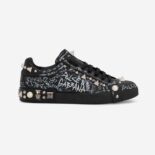 Dolce Gabbana D&G Unisex Calfskin Nappa Portofino Sneakers with Studs-Black