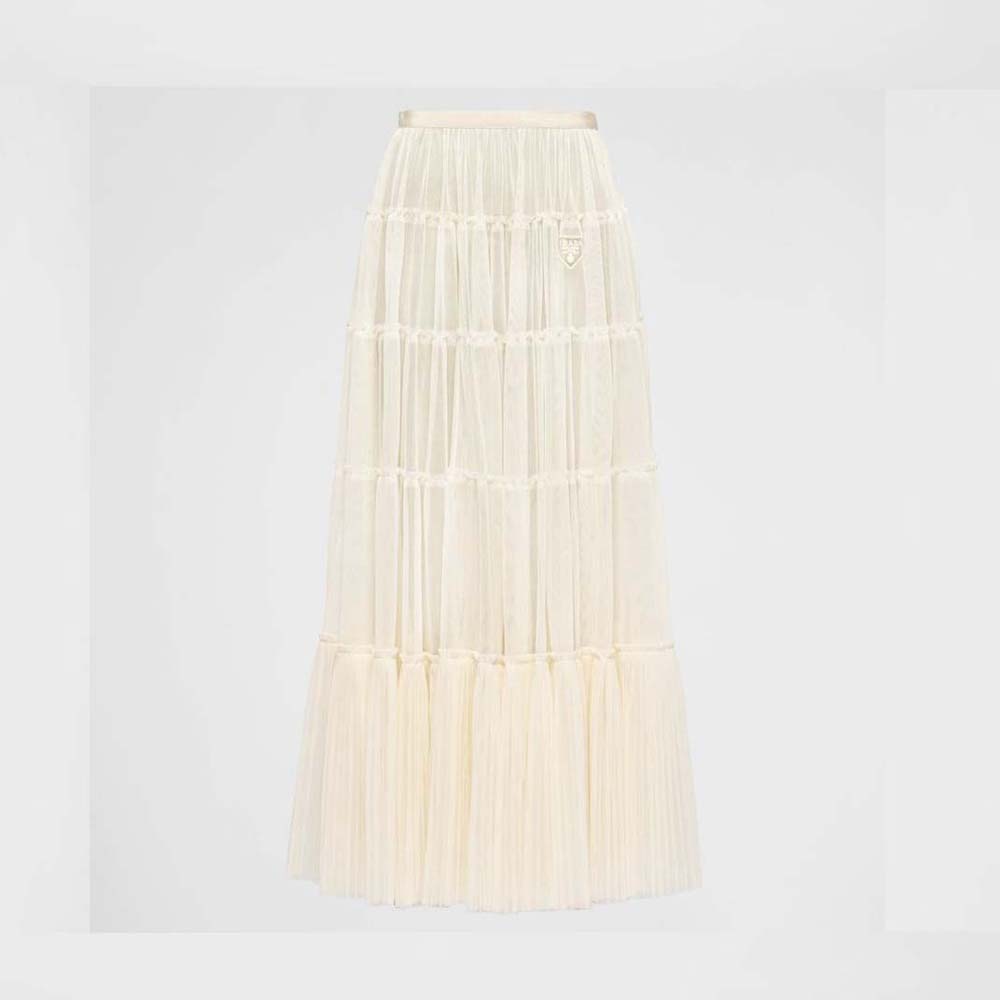 Prada Women Long Pleated Tulle Skirt-White 1 Prada Women Long Pleated Tulle Skirt-White