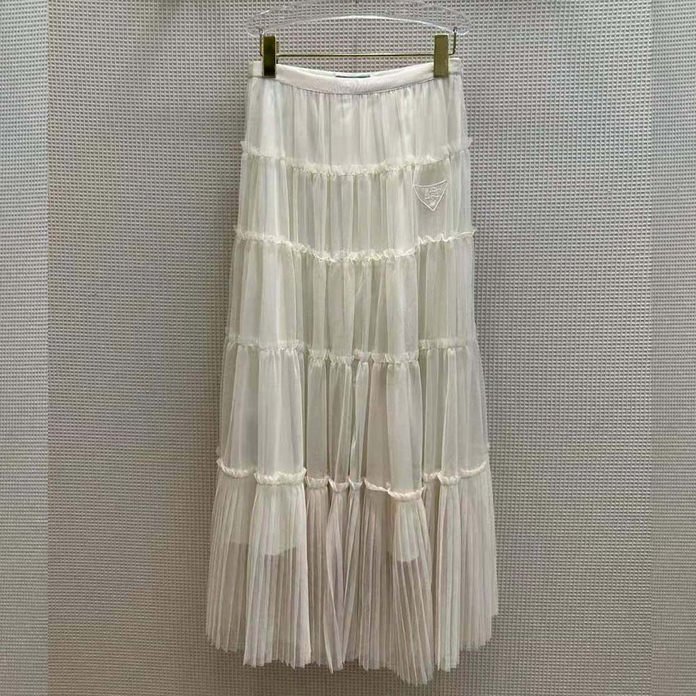 Prada Women Long Pleated Tulle Skirt-White 2 Prada Women Long Pleated Tulle Skirt-White - Image 2