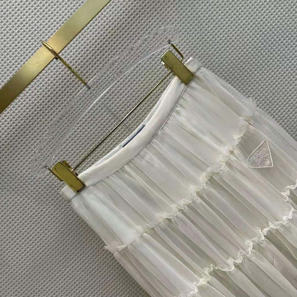 Prada Women Long Pleated Tulle Skirt-White 4 Prada Women Long Pleated Tulle Skirt-White - Image 4