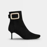 Roger Vivier Women Viv' Choc Metal Buckle Booties in Suede-Black