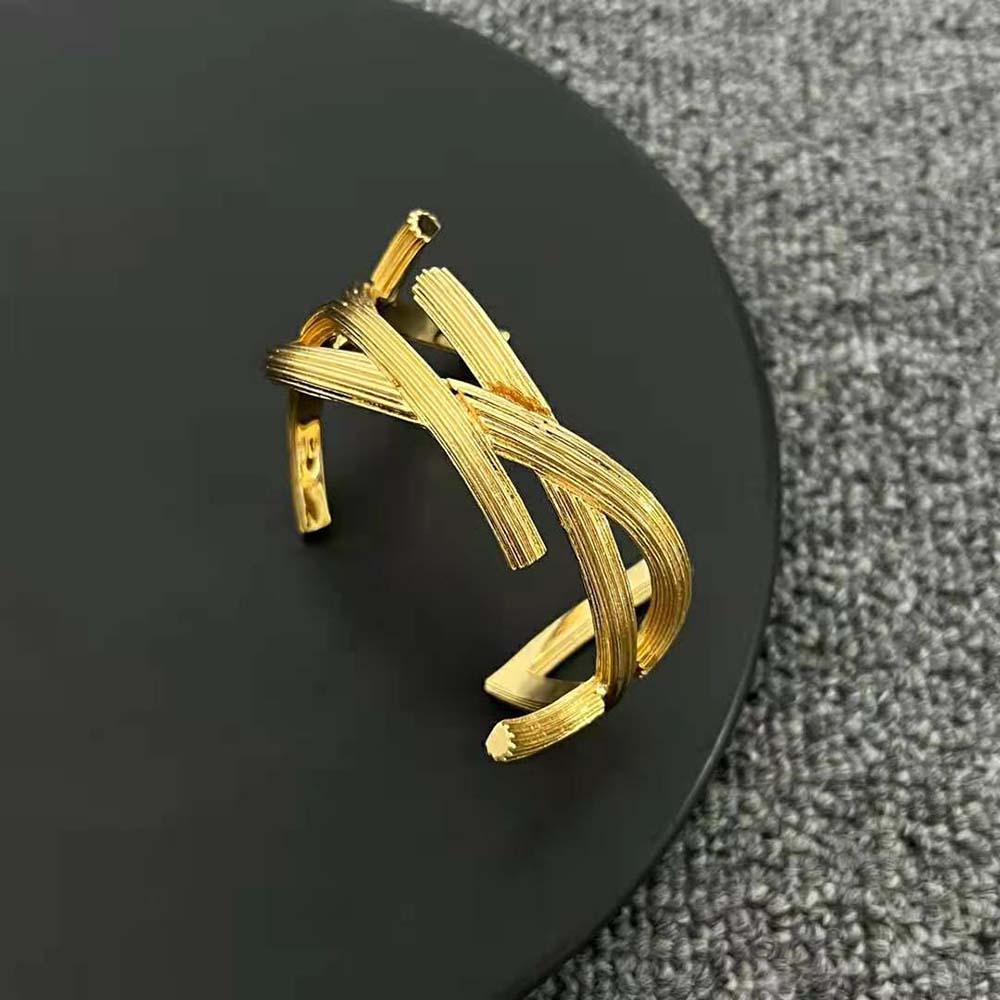 Saint Laurent Gold Ysl Twisted Brass Brooch in Metallic