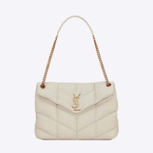 Saint Laurent YSL Women Puffer Medium Chain Bag in Quilted Lambskin-White