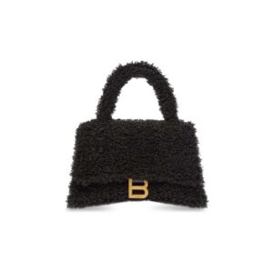Balenciaga Women Furry Hourglass Small Handbag with Strap in Black
