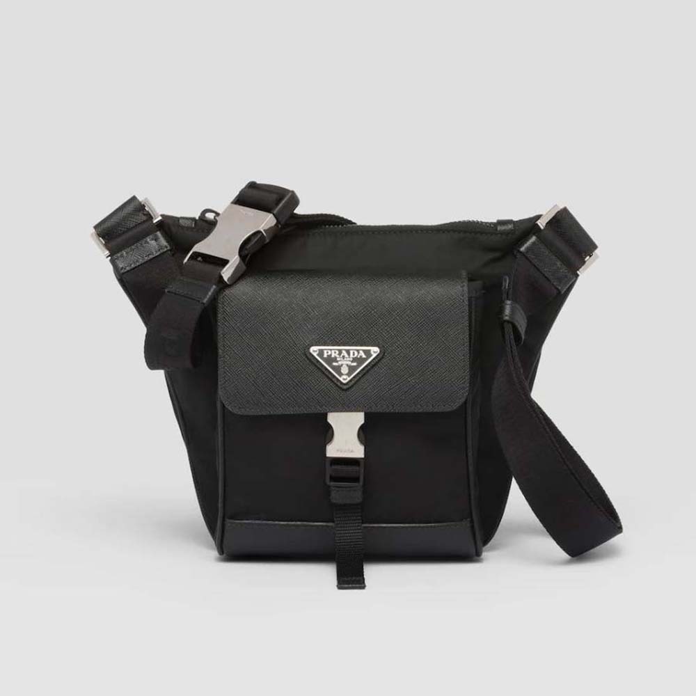 Prada Men ReNylon and Saffiano Leather Shoulder BagBlack