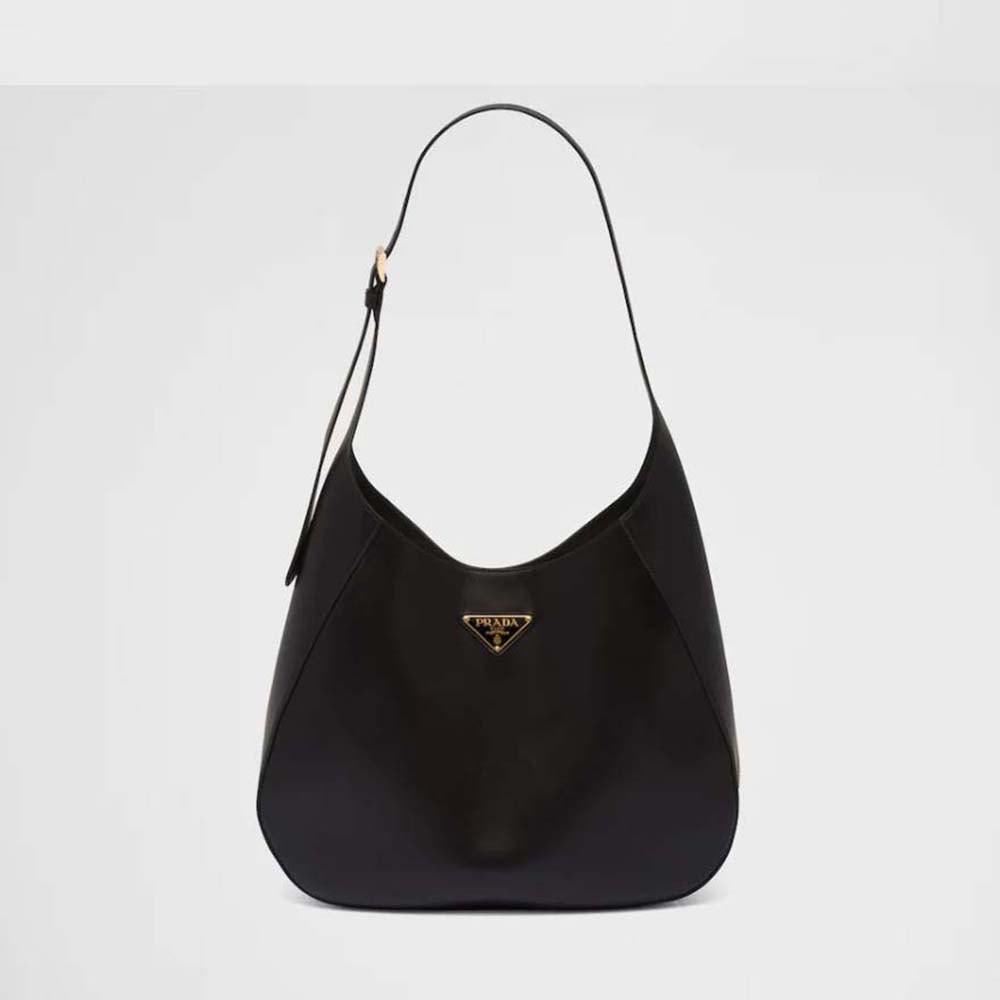 Prada Women Large Leather Shoulder Bag with Topstitching-Black