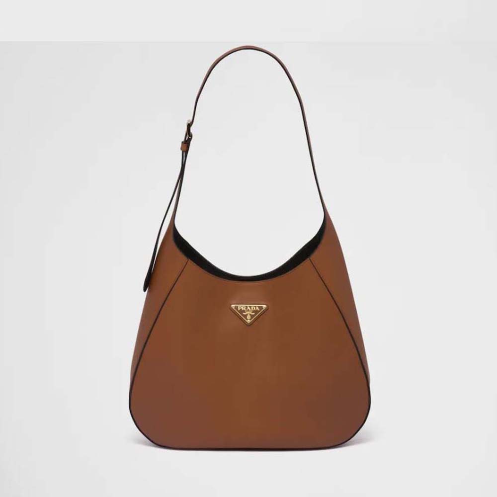 Prada Women Large Leather Shoulder Bag with Topstitching-Brown
