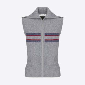 Dior Women Dioralps Sleeveless Zipped Sweater Gray Three-Tone Wool and Cashmere Knit