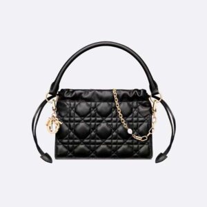 Dior Women Lady Dior Top Handle Drawstring Mini Bag Black Cannage Lambskin