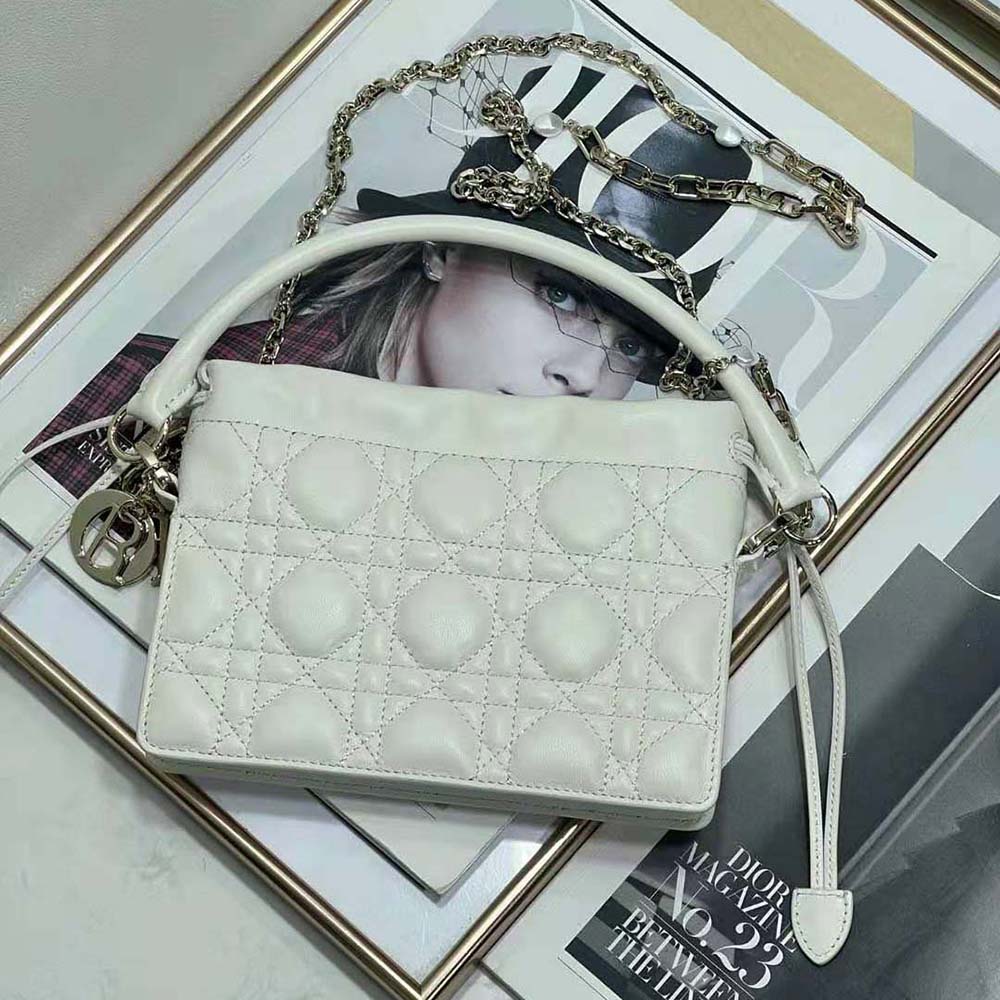 Dior Women Lady Dior Top Handle Drawstring Mini Bag Latte Cannage