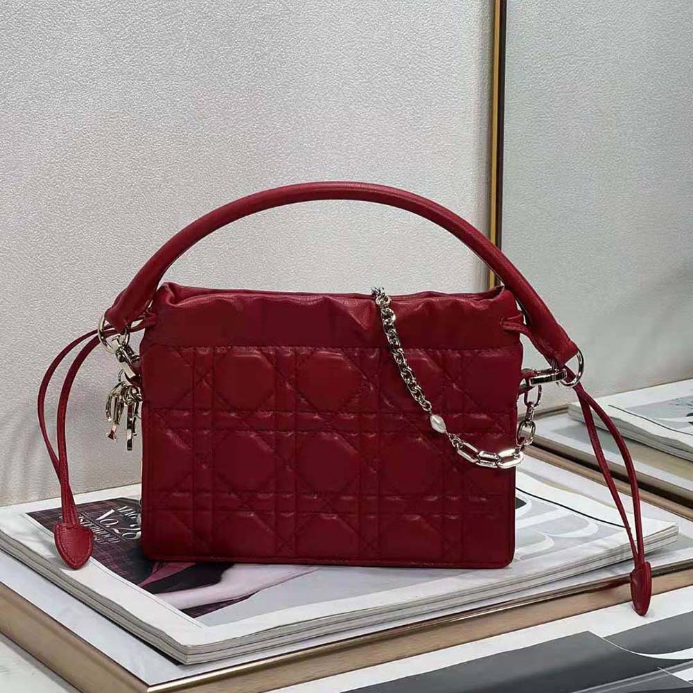 Dior Women Lady Dior Top Handle Drawstring Mini Bag Scarlet Red Cannage Lambskin 2 Dior Women Lady Dior Top Handle Drawstring Mini Bag Scarlet Red Cannage Lambskin - Image 2