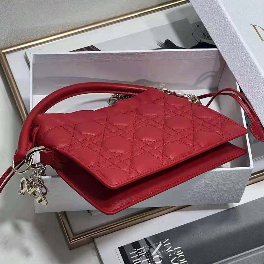 Dior Women Lady Dior Top Handle Drawstring Mini Bag Scarlet Red Cannage Lambskin 4 Dior Women Lady Dior Top Handle Drawstring Mini Bag Scarlet Red Cannage Lambskin - Image 4