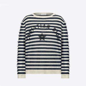 Dior Women Marinière Sweater Navy Blue and White Linen Cashmere and Silk Knit with Signature