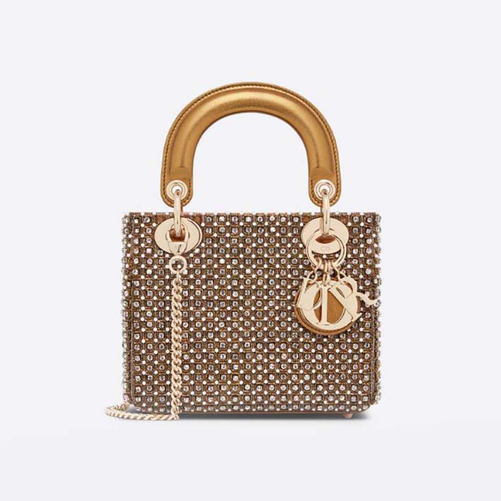 Small Dior Caro Bag Gold-Tone Square-Pattern Embroidery Set with Strass and  White Round Beads