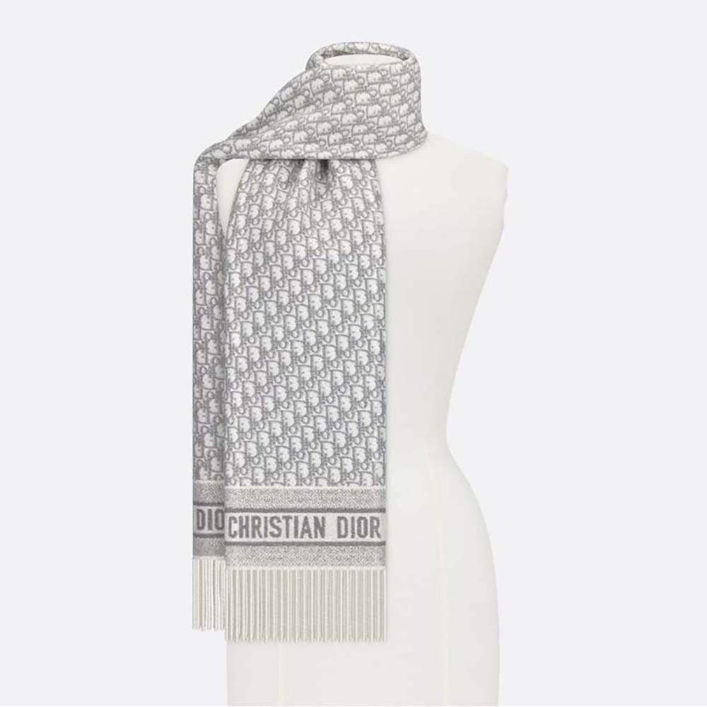 Dior Women Oblique Scarf Navy Blue Technical Taffeta and Ecru Shearling