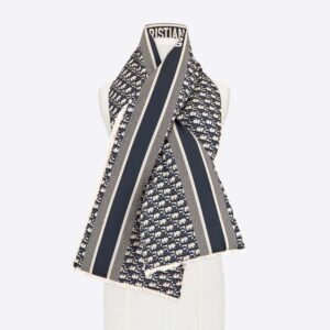 Dior Women Oblique Scarf Navy Blue Technical Taffeta and Ecru Shearling Effect