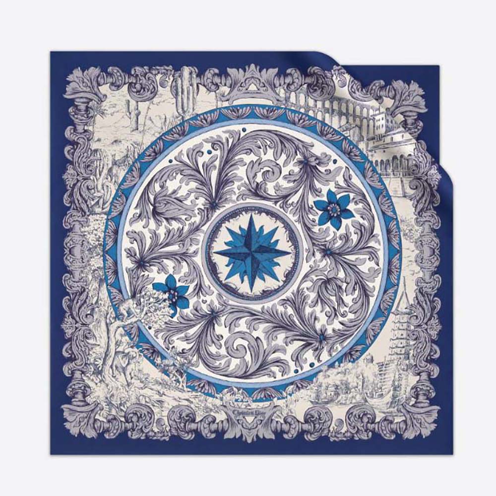Dior Women Rose Des Vents 90 Square Scarf Royal Blue and White Silk Twill 1 Dior Women Rose Des Vents 90 Square Scarf Royal Blue and White Silk Twill
