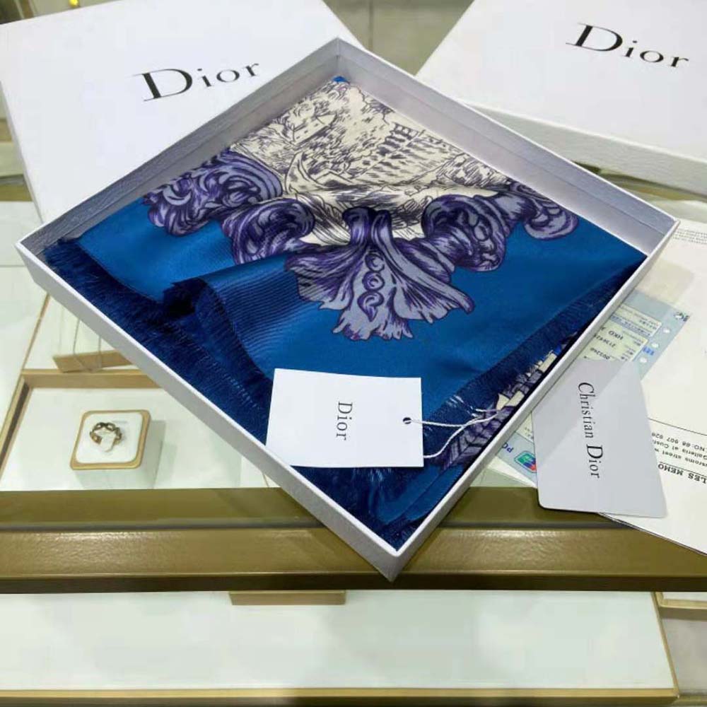 Dior Women Rose Des Vents 90 Square Scarf Royal Blue and White Silk Twill 7 Dior Women Rose Des Vents 90 Square Scarf Royal Blue and White Silk Twill - Image 7