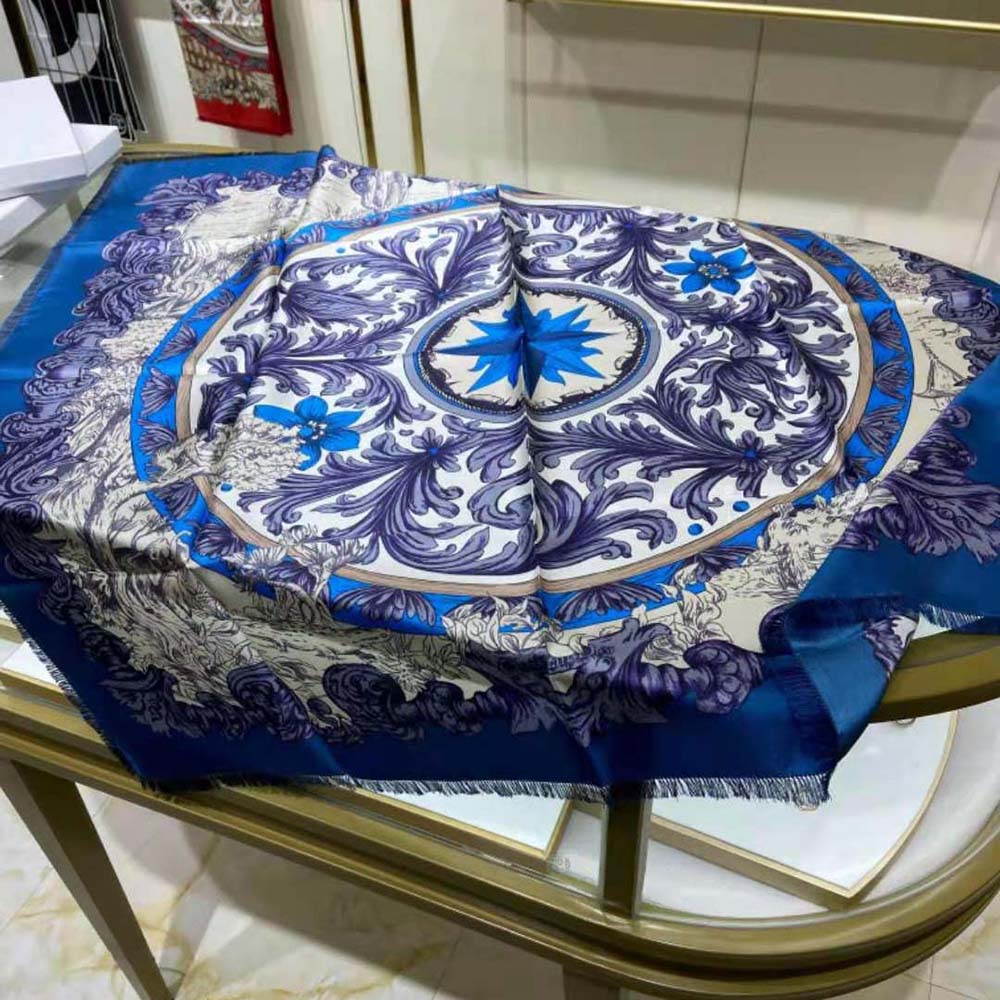 Dior Women Rose Des Vents 90 Square Scarf Royal Blue and White Silk Twill 6 Dior Women Rose Des Vents 90 Square Scarf Royal Blue and White Silk Twill - Image 6