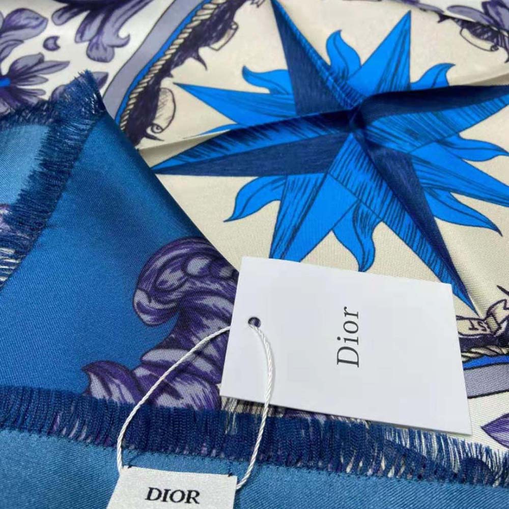 Dior Women Rose Des Vents 90 Square Scarf Royal Blue and White Silk Twill 8 Dior Women Rose Des Vents 90 Square Scarf Royal Blue and White Silk Twill - Image 8