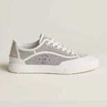 Hermes Unisex Get Sneaker in SH Canvas and Calfskin with Signature "Hermès Paris" Stencil-Silver