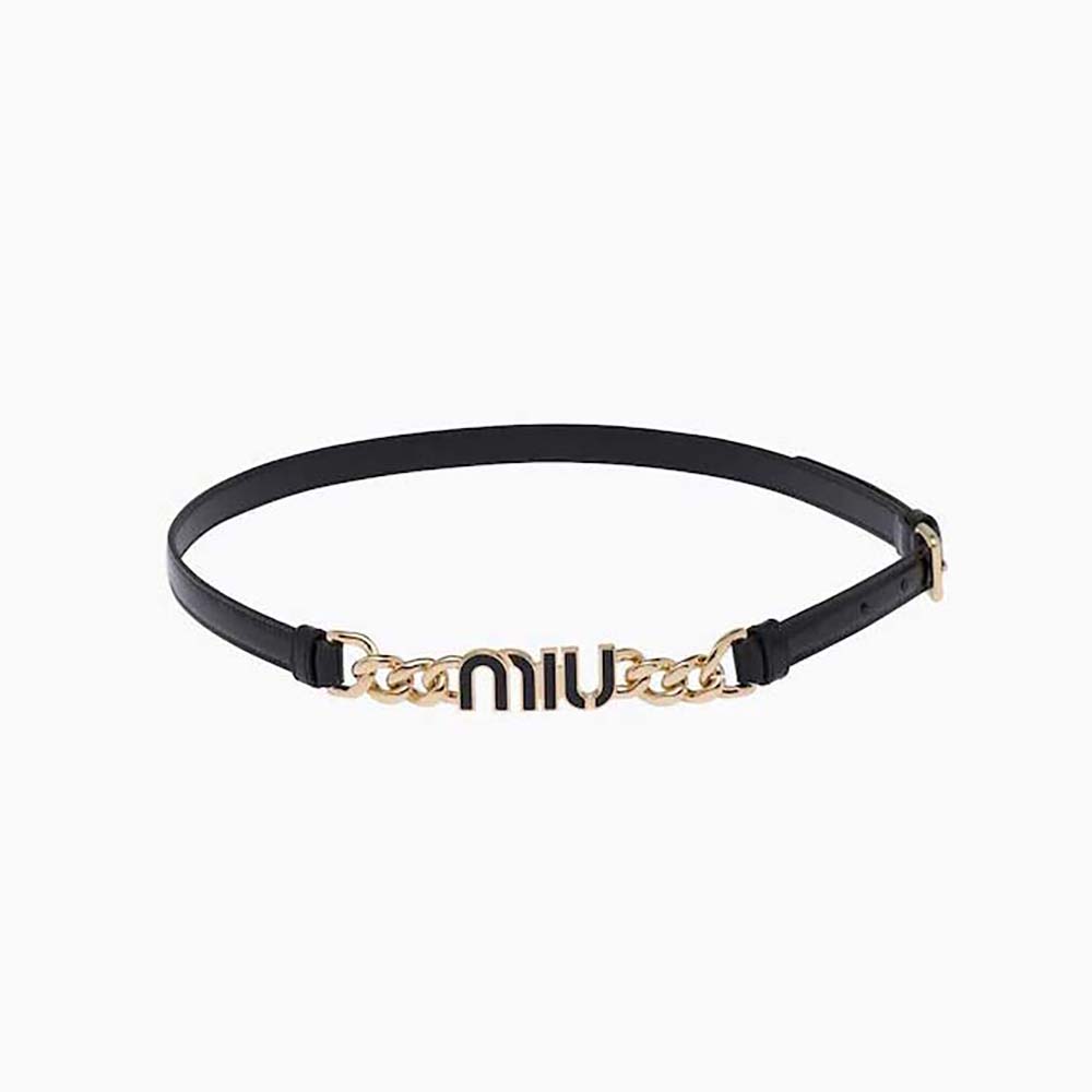 Miu Miu Women Brushed Leather Belt with Logo-Black