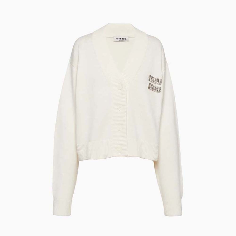 Miu Miu Women Cashmere Cardigan Features an Embroidered LogoWhite