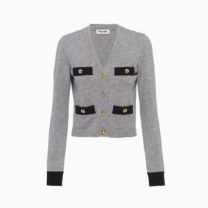 Miu Miu Women Cashmere Cardigan with Knit Logo Patch-Gray