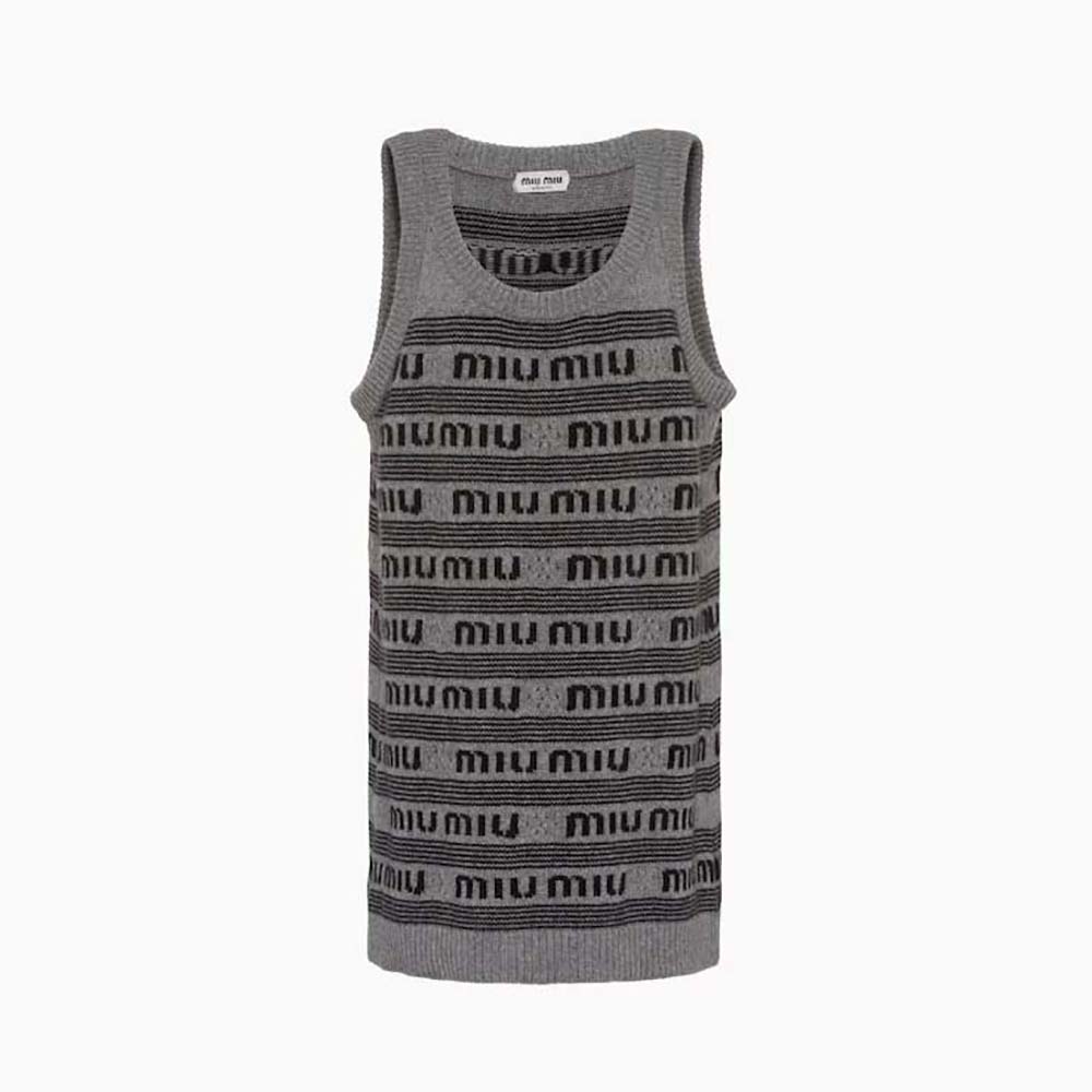 Miu Miu Women Cashmere Dress with Intarsia-Knit Logo-Gray 1 Miu Miu Women Cashmere Dress with Intarsia-Knit Logo-Gray