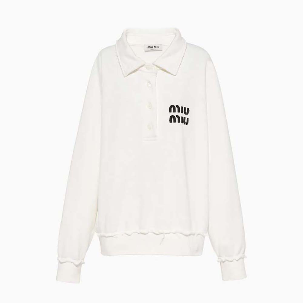 Miu Miu Women Cotton Polo Sweatshirt with Embroidered Logo-White