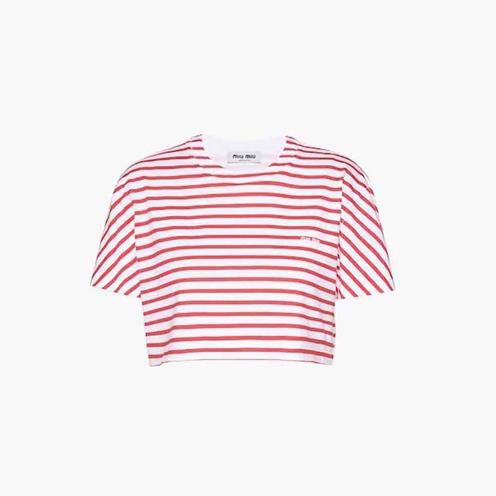 Miu Miu Women Cotton T-shirt with Printed Logo-Red