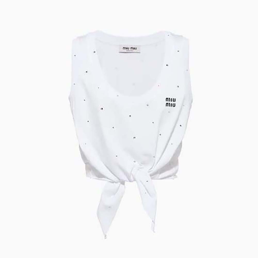 Miu Miu Women Cotton Top with Crystals with Embroidered Logo-White